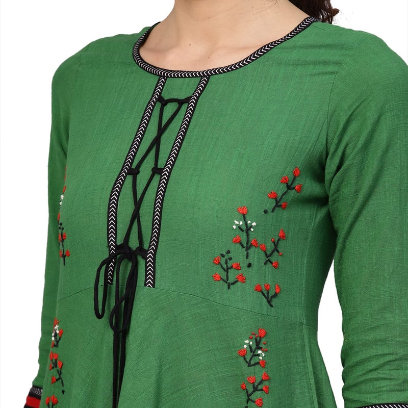 Yash Gallery Women's Cotton Slub Embroidered 3/4 Sleeve Round Neck Anarkali Kurtis (Medium, Green) - Image 5